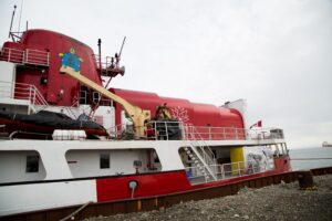 Canada C3's ship, "Polar Prince," a former icebreaker. It's painted with an image of Turtle Island, the mythical name of North America in many native traditions