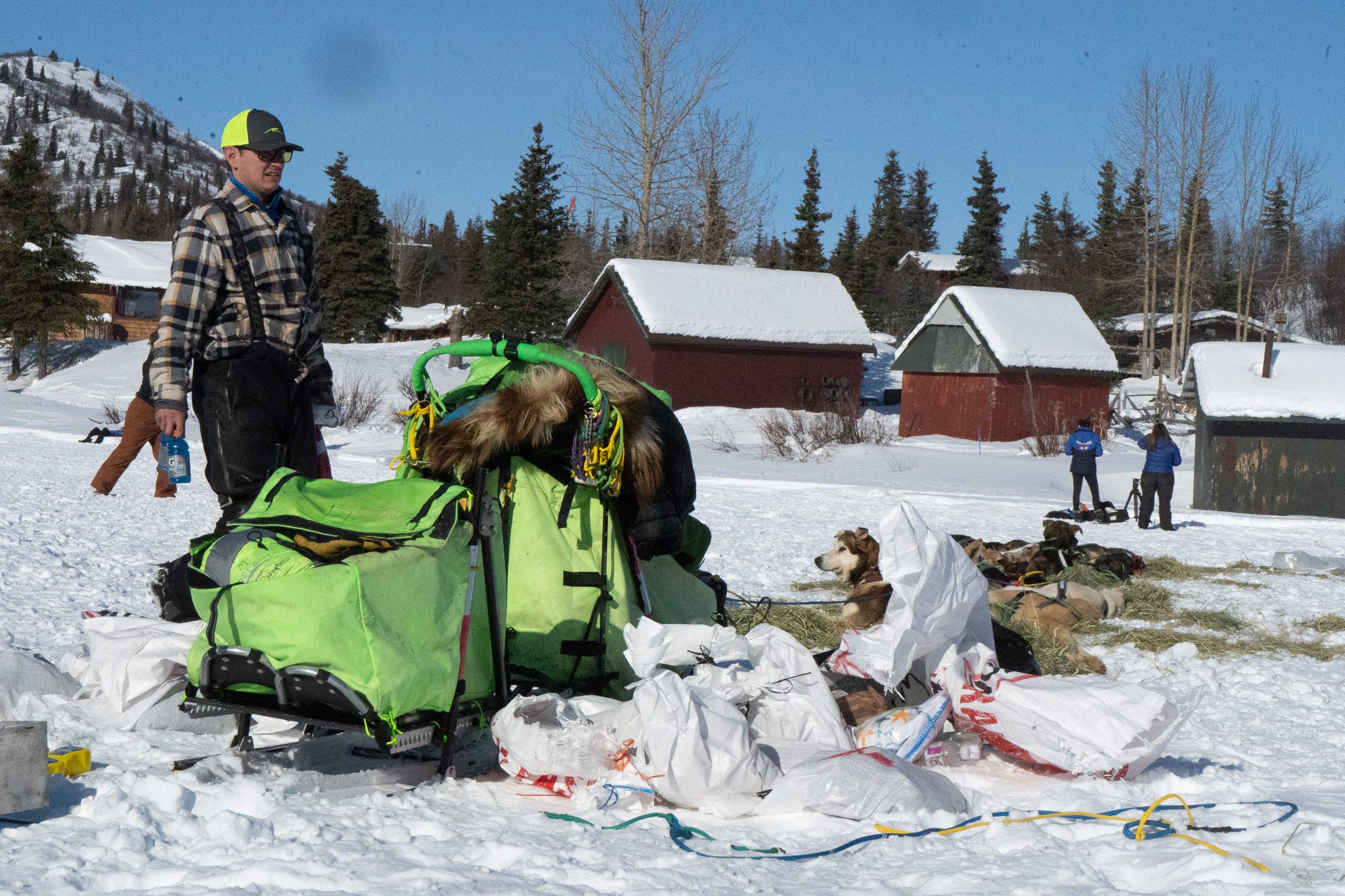 A mushing sled in green