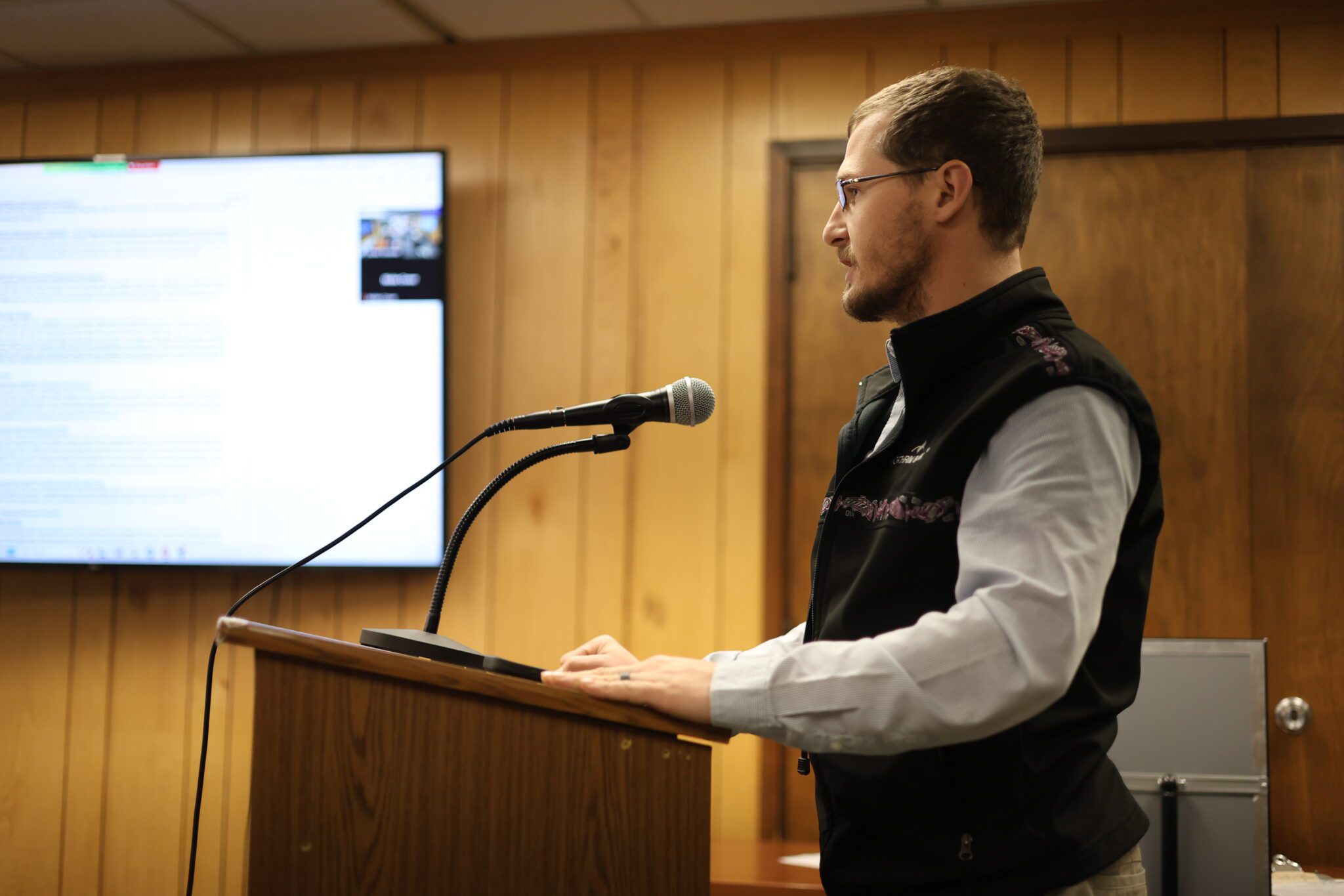 Northrim Bank Nome Branch Manager, Drew McCann, thanks the Nome Common Council during a public comment period. Ben Townsend photo. 