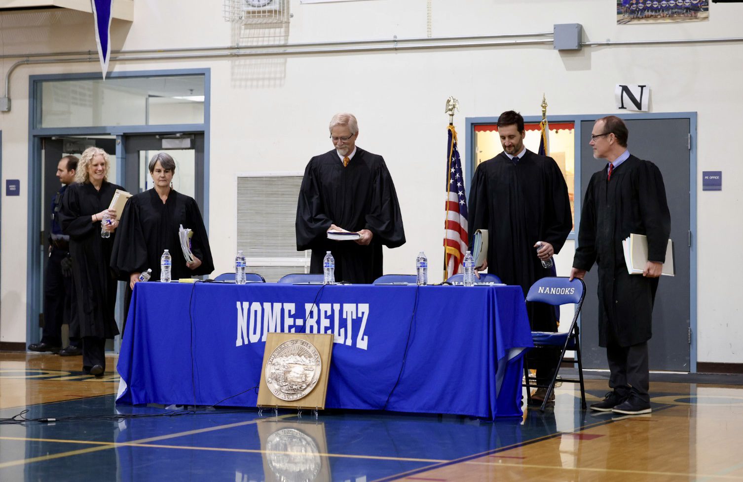 Alaska Supreme Court justices take their seats at the Supreme Court LIVE event. Ben Townsend photo.