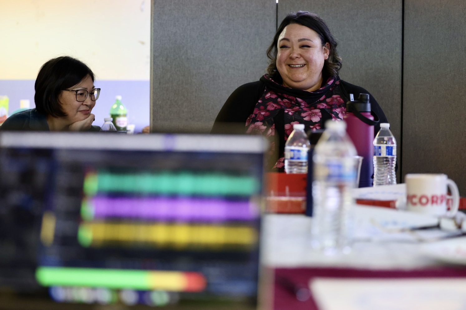 Gail Smithhisler laughs as a recording rolls on a laptop in the foreground. Ben Townsend photo. 