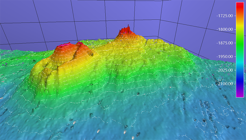 Bathymetric data of volcano-like features discovered on the continental slope along the north slope of Alaska during the U.S. Coast Guard Cutter Healy’s October 2024 mapping mission. Credit: NOAA.