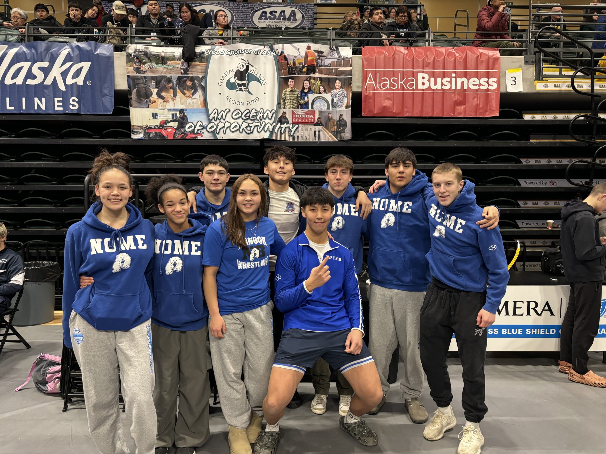 The Nome-Beltz Nanooks at the 2024 ASAA Wrestling State Championships. Photo courtesy of Corey Erikson. 