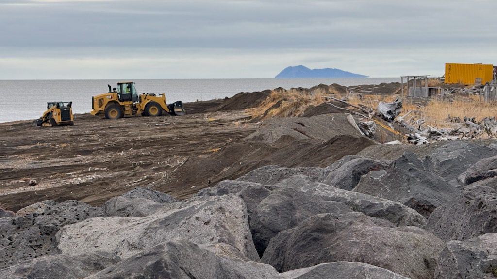 Heavy machinery in Unalakleet build massive berms along the Norton Sound coastline ahead of the arrival of ex-typhoon Halong. Courtesy Kelsi Ivanoff. 