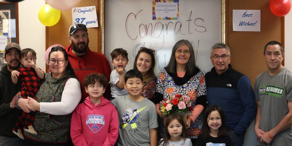 Sue Luke surrounded by her family at UAF NW. Ben Townsend photo.