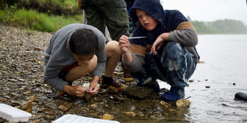 A camper inspects a pipette along the bank of the Niukluk River. Ben Townsend photo.