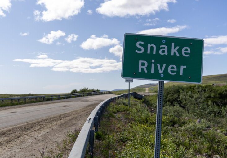 A sign on the east side of the Snake River Bridge near mile post 7 of the Nome-Teller Road. Ben Townsend photo.