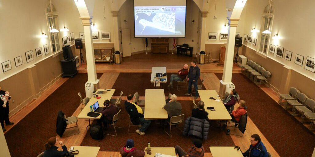 PND Engineers' Bryan Hudson presents updates to the Port of Nome's Strategic Development Plan at Old St. Joe's Church in Nome. Ben Townsend photo.