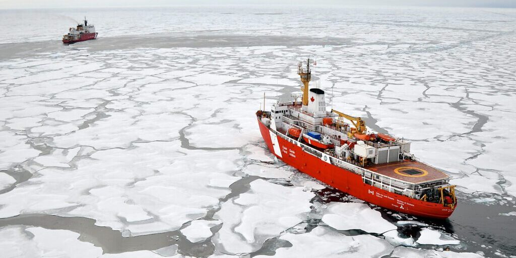 ARCTIC OCEAN – The Canadian Coast Guard Ship Louis S. St-Laurent makes an approach to the Coast Guard Cutter Healy in the Arctic Ocean Sept. 5, 2009. The two ships are taking part in a multi-year, multi-agency Arctic survey that will help define the Arctic continental shelf.