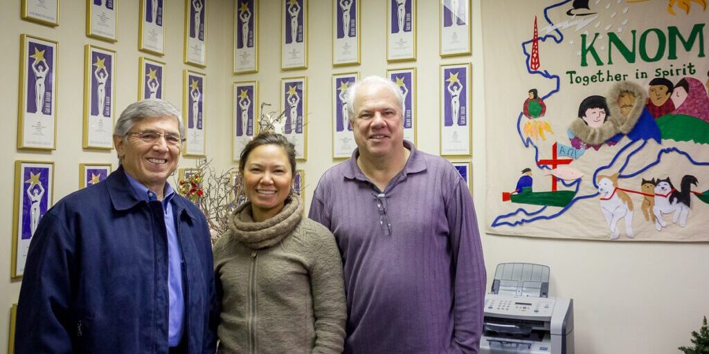 2014 Alaska gubernatorial candidate Byron Mallott visits KNOM studios on Tuesday, December 10; Mallott is pictured with news director Laureli Kinneen and general manager Ric Schmidt.