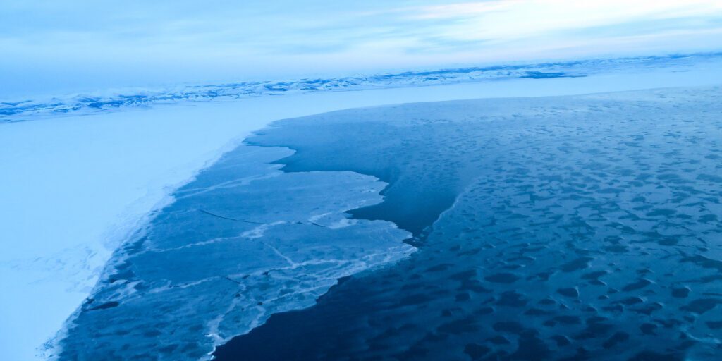 The sea ice, as seen flying past Shaktoolik ... Photo: Laura Kraegel, KNOM.