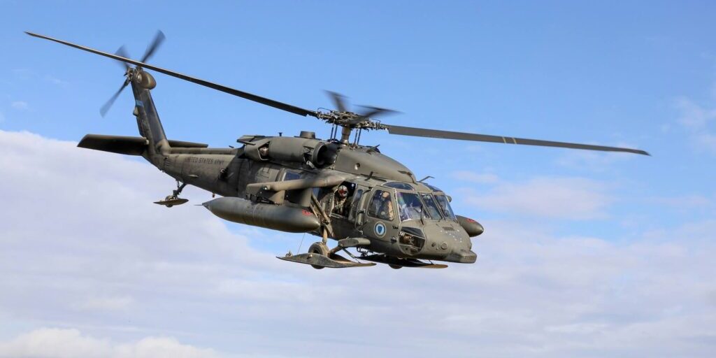 An Alaska Army National Guard UH-60 helicopter assists after Typhoon Merbok. Photo courtesy Alaska National Guard