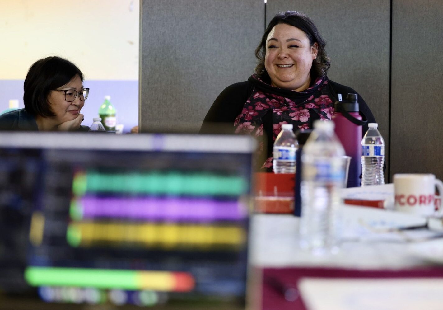 467402178_1136028584716553_5408284142770129304_n Gail Smithhisler laughs as a recording rolls on a laptop in the foreground. Ben Townsend photo.