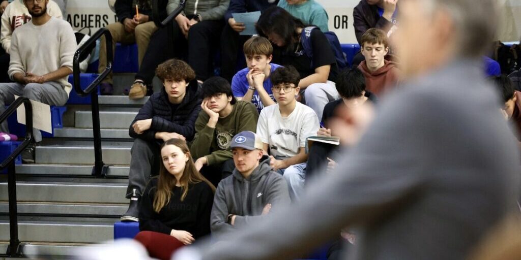 Students watch as the plaintiff's attorney, Jeff Barber, addresses the justices. Ben Townsend photo. 