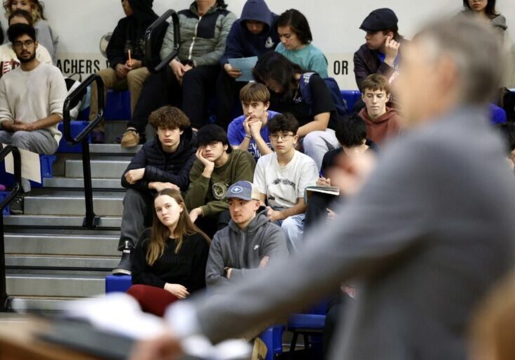 Students watch as the plaintiff's attorney, Jeff Barber, addresses the justices. Ben Townsend photo. 