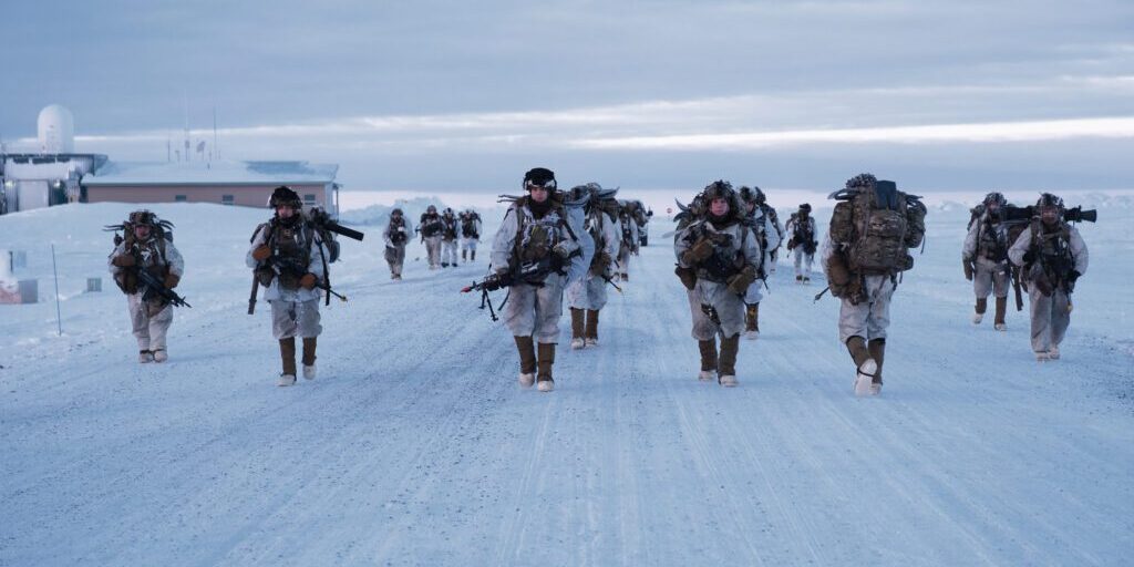 U.S. Soldiers assigned to 1st Infantry Brigade Combat Team, 11th Airborne Division, move to their objective outside of Utqiagvik, Alaska as part of Joint Pacific Multinational Readiness Training Center 24-02, Feb. 15, 2024. (U.S. Army Photo by Pfc. Brandon Vasquez)