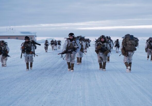 U.S. Soldiers assigned to 1st Infantry Brigade Combat Team, 11th Airborne Division, move to their objective outside of Utqiagvik, Alaska as part of Joint Pacific Multinational Readiness Training Center 24-02, Feb. 15, 2024. (U.S. Army Photo by Pfc. Brandon Vasquez)