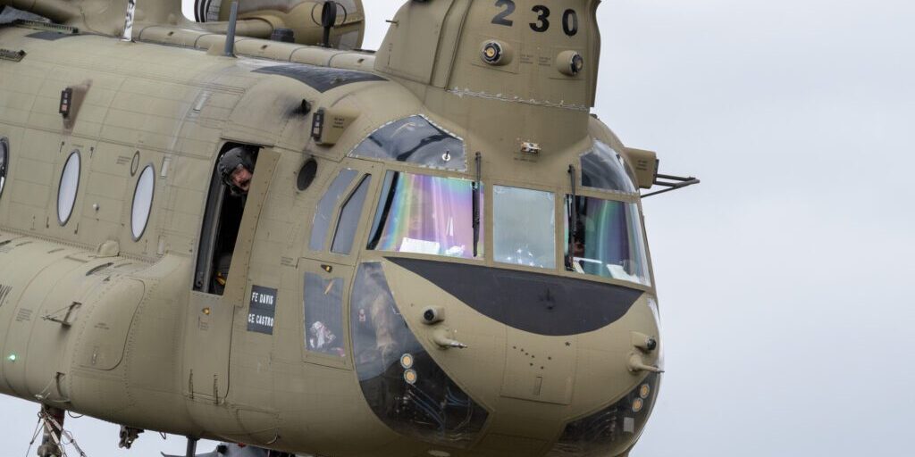 A U.S. Army CH-47 Chinook helicopter takes off at Joint Base Elmendorf-Richardson, Alaska, May 21, 2025. U.S. Air Force photo by Senior Airman Johnny Diaz, DVIDS. 