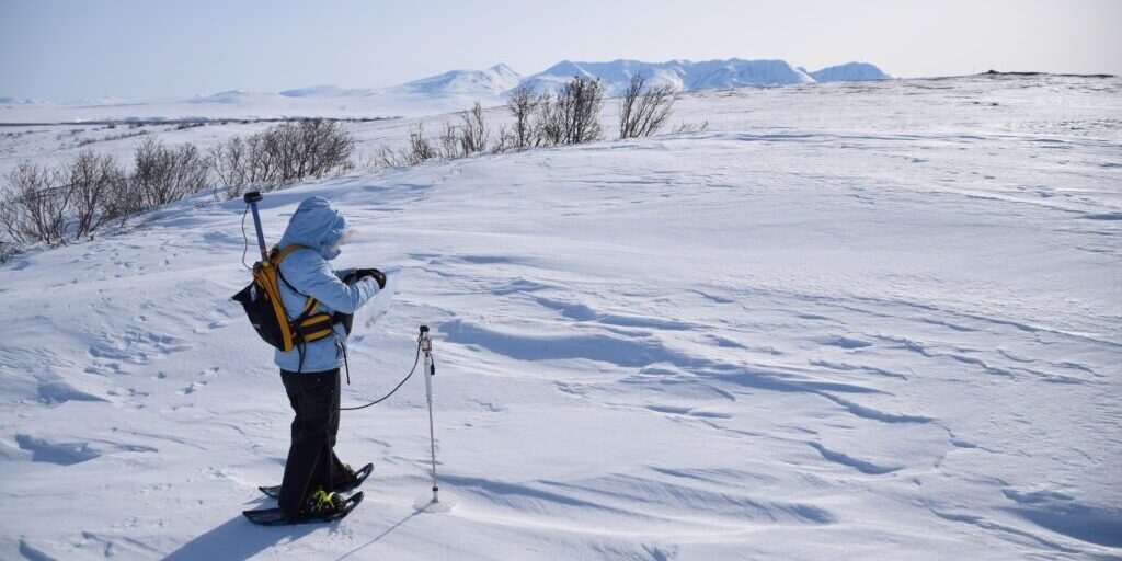 A researcher measures snow depth at NGEE Arctic's Kougarok field site. Photo courtesy of Bob Bolton