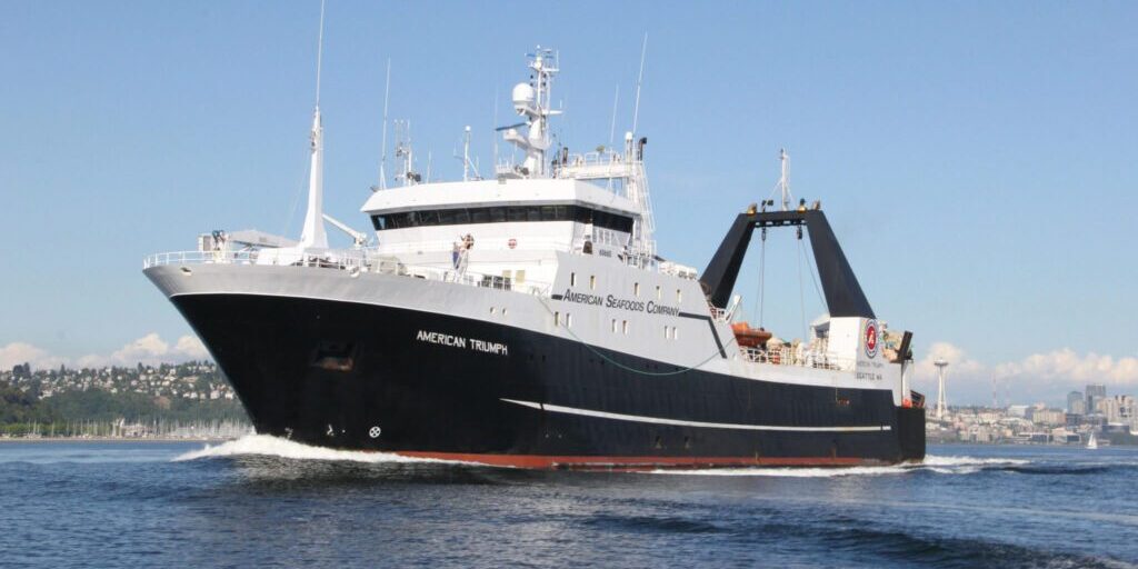 American Seafoods' American Triumph vessel departing from Seattle. Photo courtesy of American Seafoods.