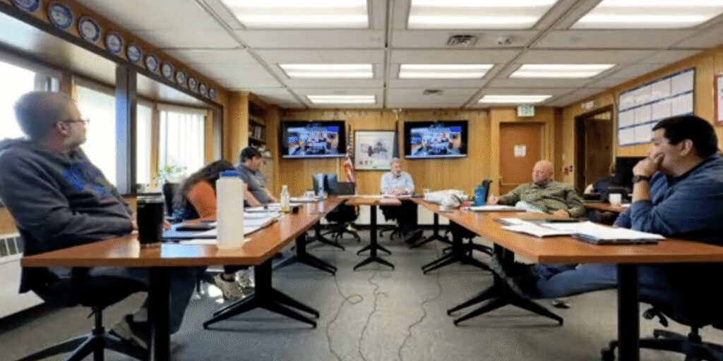 Nome Common Council members participate in a May 23 Work Session. Ben Townsend photo.