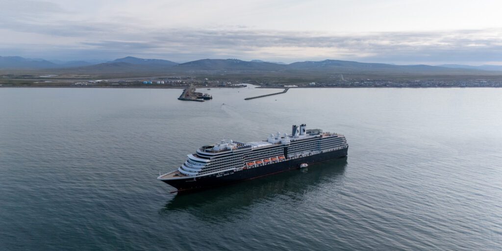 Holland America's MS Westerdam cruise ship floats offshore of Nome Thursday, June 19, 2025. 