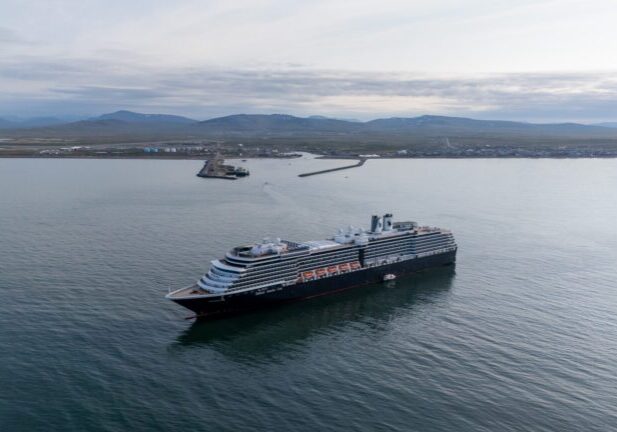 Holland America's MS Westerdam cruise ship floats offshore of Nome Thursday, June 19, 2025. 