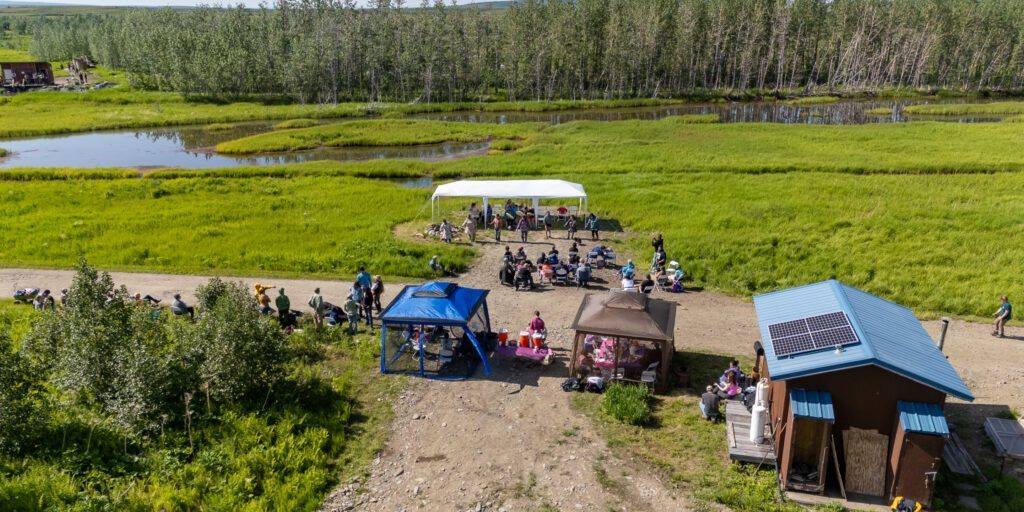 Members of the King Island and St. Lawrence Island dance groups perform at Unaatuq's opening festival held on June 28, 2025. Ben Townsend photo.