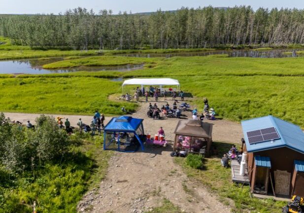 Members of the King Island and St. Lawrence Island dance groups perform at Unaatuq's opening festival held on June 28, 2025. Ben Townsend photo.