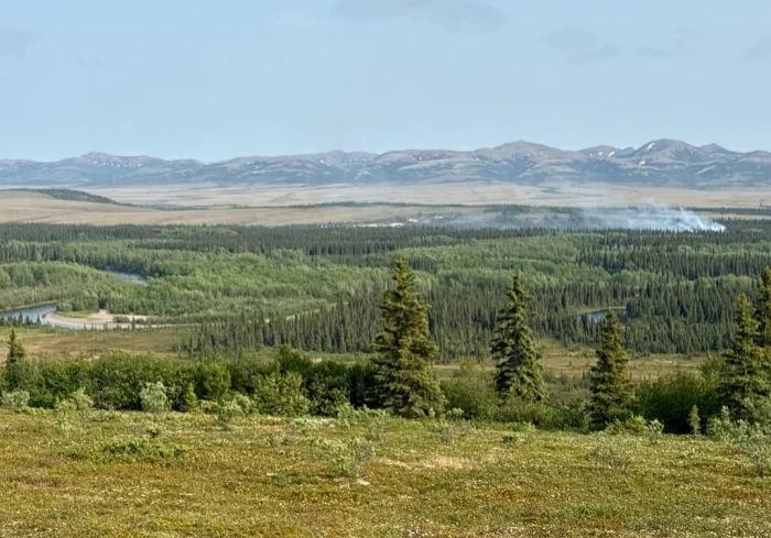 Smoke rises from the tundra east of Unalakleet on June 17, 2025. Alfred  Commack photo.