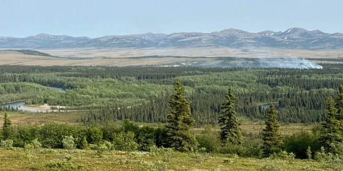 Smoke rises from the tundra east of Unalakleet on June 17, 2025. Alfred  Commack photo.