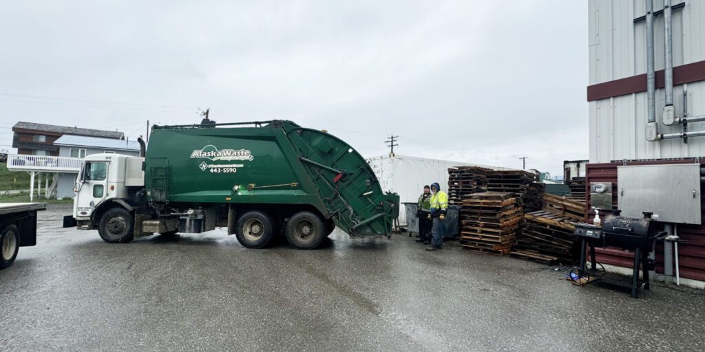 An Alaska Waste garbage truck near Norton Sound Seafood Products in Nome. Sarah Swartz photo.