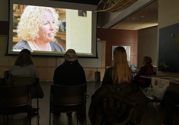 Gina Schumaker appears in a showing of the documentary “8 Keys for Adults with FASD” at the Katirvik Cultural Center in Nome. Sarah Swartz photo. 