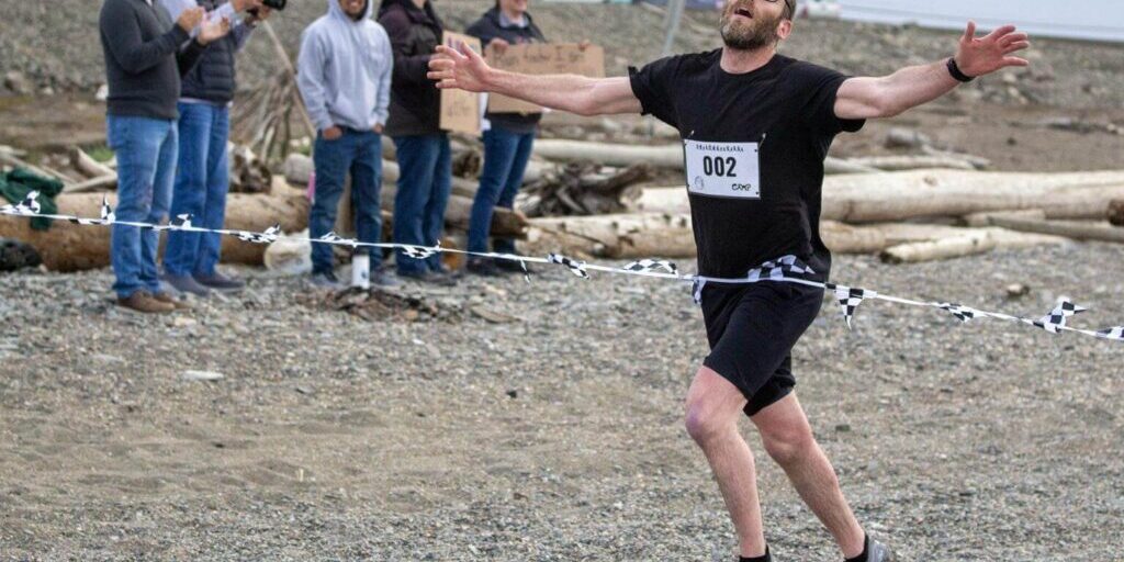 Patrick Landback crosses the finish line of the Gold Dust Dash. Ben Townsend photo.