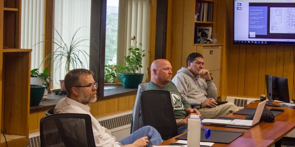 Council Members Scot Henderson (left), Adam Martinson (center) and Doug Johnson (right) at the June 27 Nome Common Council meeting. Photo by Sean Milligan, KNOM (2022).