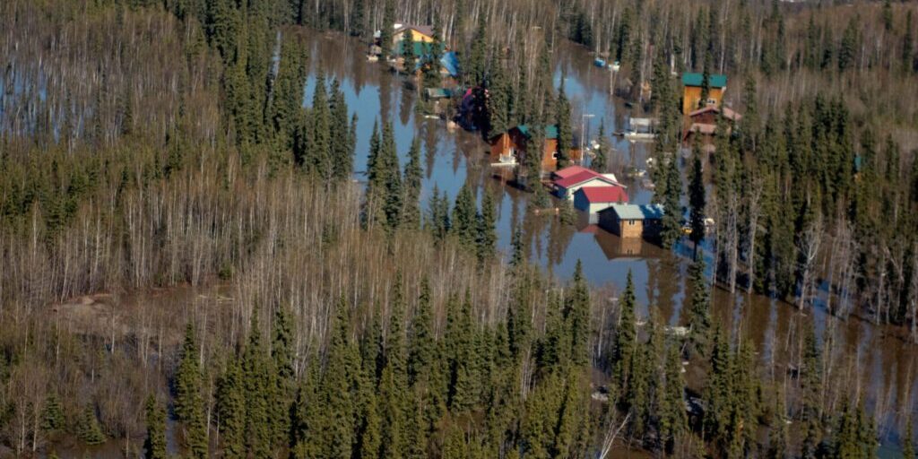 The town of Galena, Alaska flooded as the Yukon River overflowed during the breakup of winter ice. Thirty-two residents and 19 dogs were transported on an Alaska Air National Guard C-130 "Hercules" aircraft from Galena to Fairbanks, May 28, to wait for the water levels to subside. Photo by Sgt. Edward Eagerton, Alaska National Guard Public AffairsPhoto by Sgt. Edward Eagerton, Alaska National Guard Public Affairs