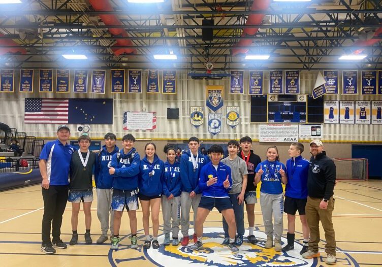 The Nome Beltz High School wrestling team at the Western Conference Tournament in Kotzebue. Photo courtesy of Corey Erikson.