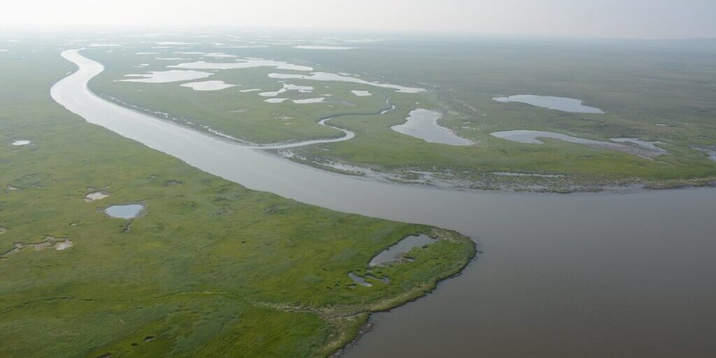 Aerial photo taken over a waterway near St. Michael, Alaska. Photo from NOAA, used with permission (2021).